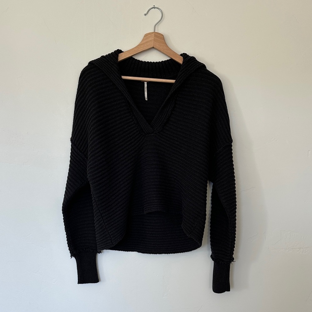 Free People Black V-Neck Ribbed Sweater
